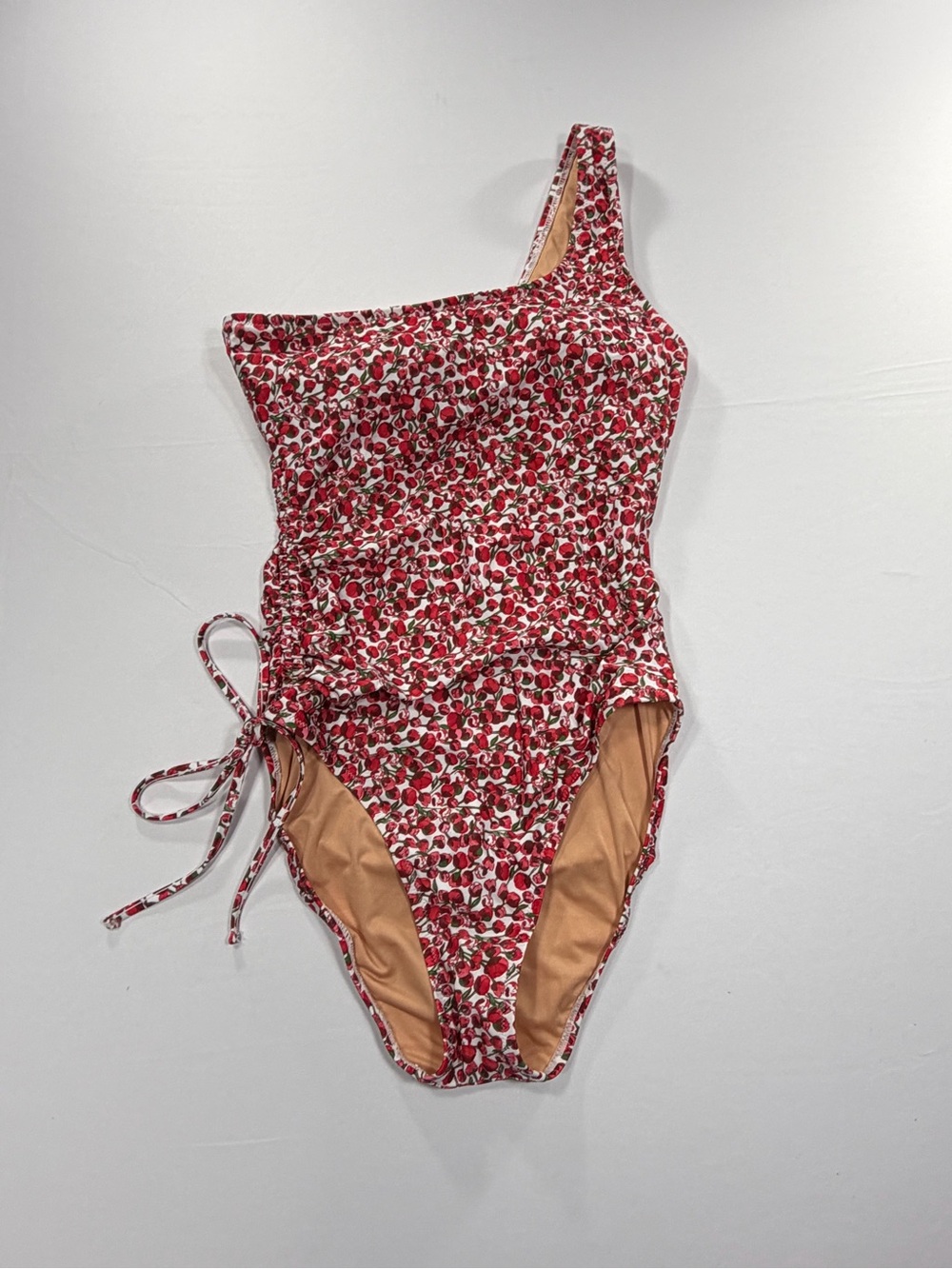 J.Crew One Piece Swimsuit Red Cherry Womens Size 6 Ruched Liberty Print Tie